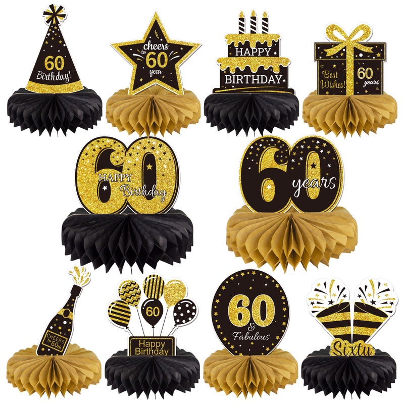 Gexolenu 10 Pcs 60th Birthday Honeycomb Centerpieces Gold Black Cheers to 60 Years Birthday Centerpieces Tables Toppers for 60th Birthday Decorations 60 Fabulous Birthday Party Decorations Supply - Image 1
